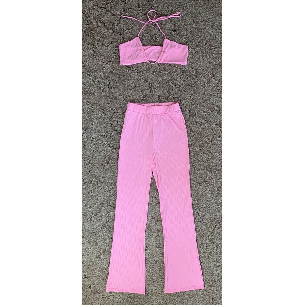 Pink Knit Ribbed Two Piece Crop Top‎ And Pants Set Sexy Womens Size L Boutique